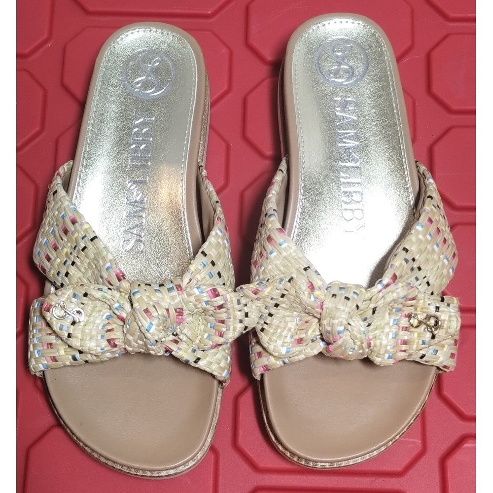 Sam & Libby Womens 7M Woven Bow Slide Sandals Multicolor Tan Platform